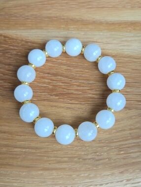 White Jade Beads Bracelet, Stretch, Hand Crafted